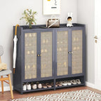 8 Tier Bamboo Shoe Storage Cabinet with Doors, 38-42 Pairs Shoe Rack for Closet, Rattan Storage Cabinet with Doors for Hallway L