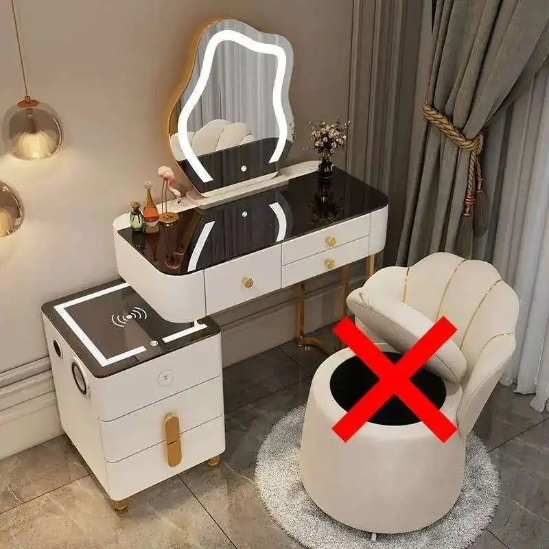 Luxury Glass Dressing Table with Smart Wireless Charging Bedroom Vanity Nightstand Makeup Table Drawers with Led Mirror Dresser