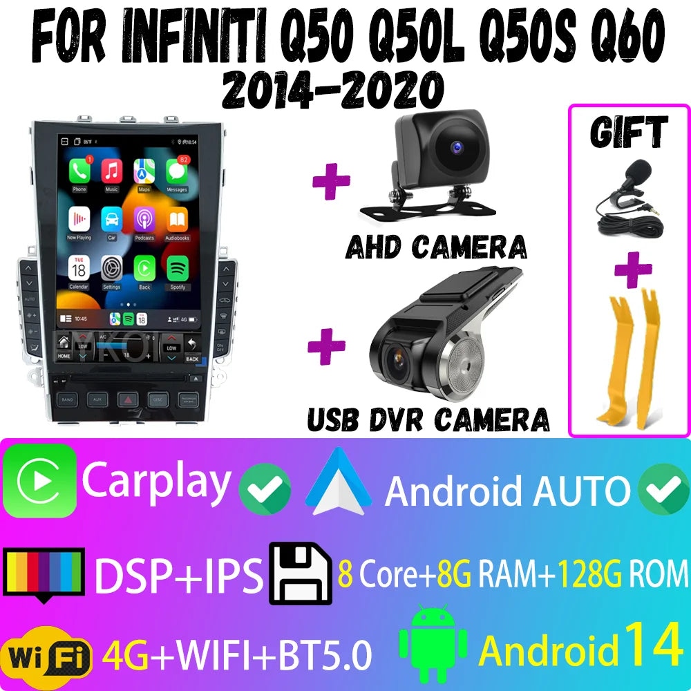 Car Radio For Infiniti Q50 Q50l Q50s Q60 2014-2020 CarPlay Android Auto Automotive multimedia Tesla Style Bluetooth 4G GPS WIFI