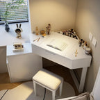 Corner Dressing Makeup Vanity Table with Mirror, Wood Vanity Set with Cabinet Retractable Dresser with Lots Storage for Bedroom