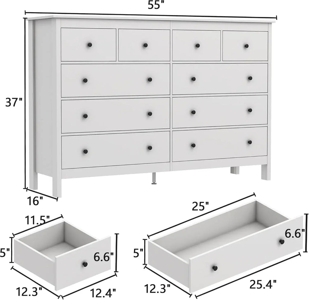 10 Drawer Dresser, 55" Modern White Dressers and Chests of Drawers