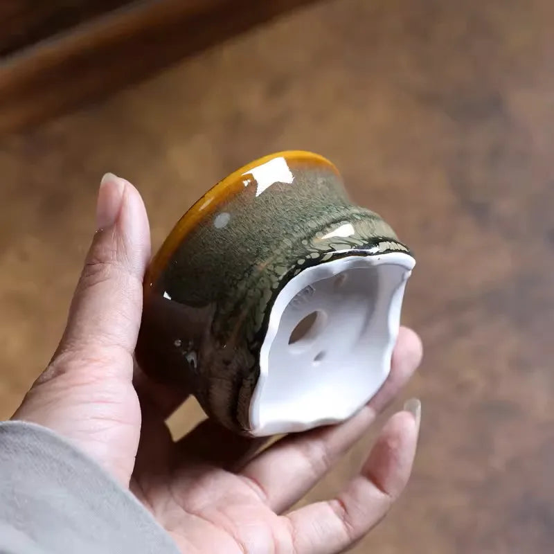 Porcelain Glazed Circle Bonsai Pot,Small Vase, Traditional Chinese Kiln Transmission, Dormitory Room,Table,Garden Decoration