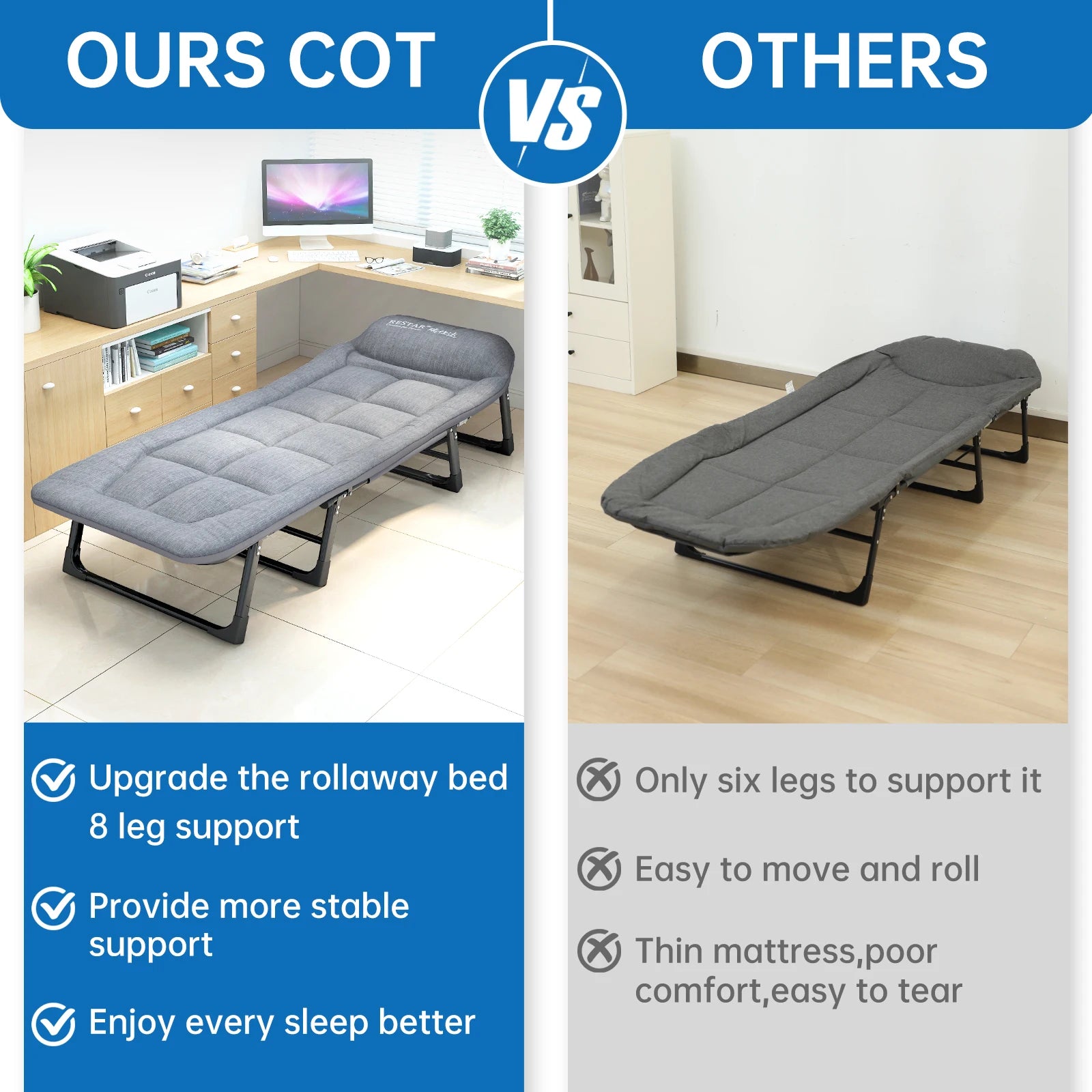 Niceway 6 Adjustable Positions Camping Cot with Mattress & Pillow for Adults 550LBS Heavy Duty Sleeping Cot Outdoor Folding Bed
