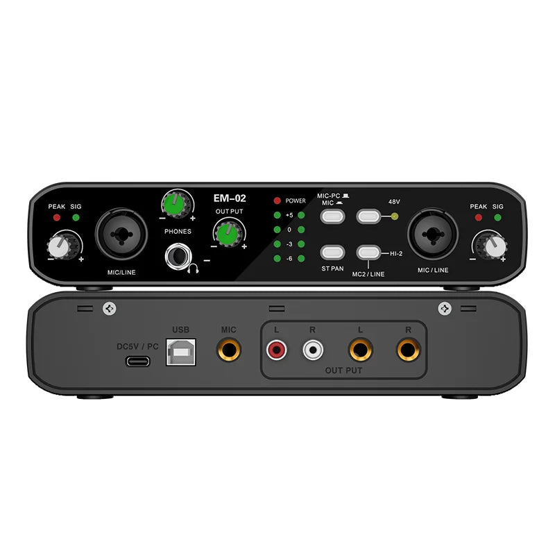 2-in/2-out 48V Phantom Power Mic Audio Interface, 32-bit/384kHz Audio Resolution, Mic Preamp, Low Noise & Distortion, for Electr