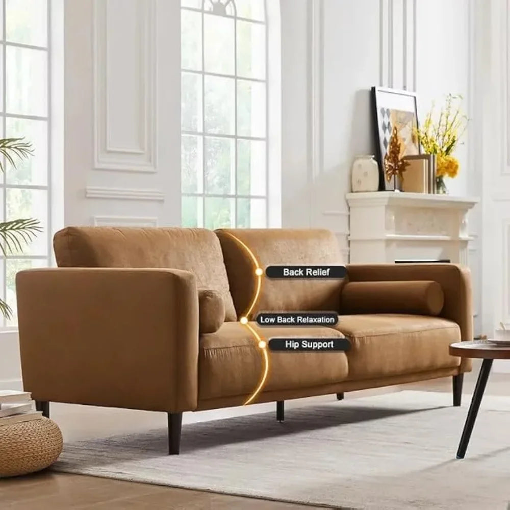 79" Mid-Century Modern Faux Leather Sofa | 3-Seat • Breathable Upholstery • Brown | Living Room/Office/Apartment