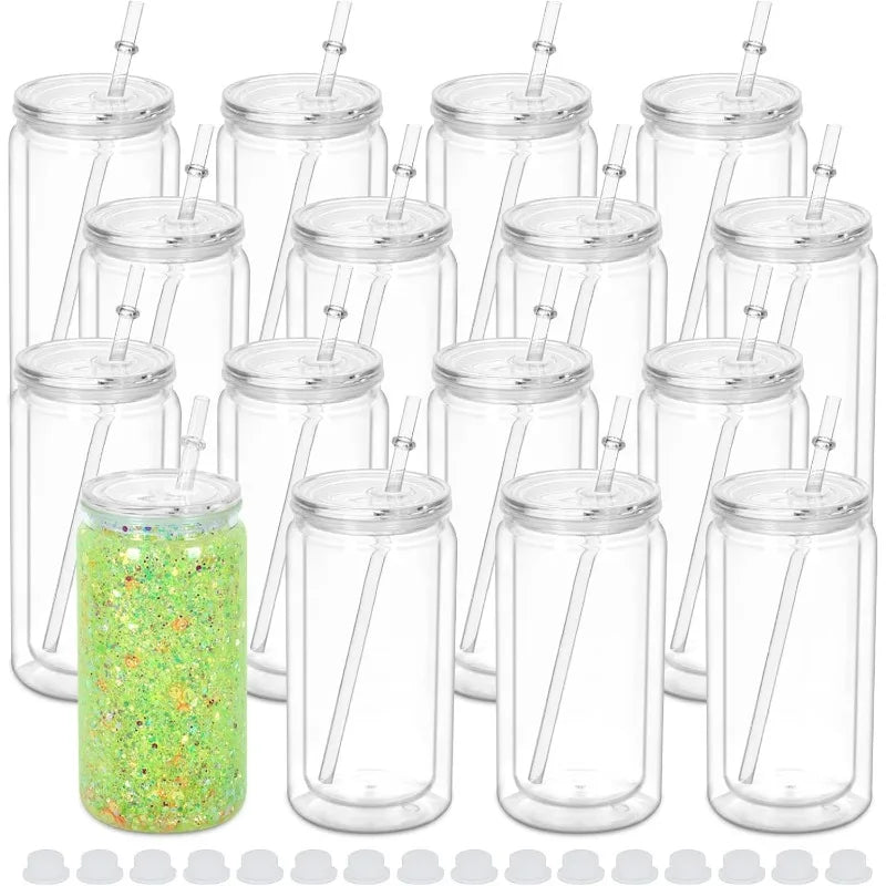 16 oz Plastic Snow Globe Tumbler, 16 Pack Double Wall Snowglobe Tumbler with Pre Drilled Hole, Plastic Mason Jar Cups Can for Sn