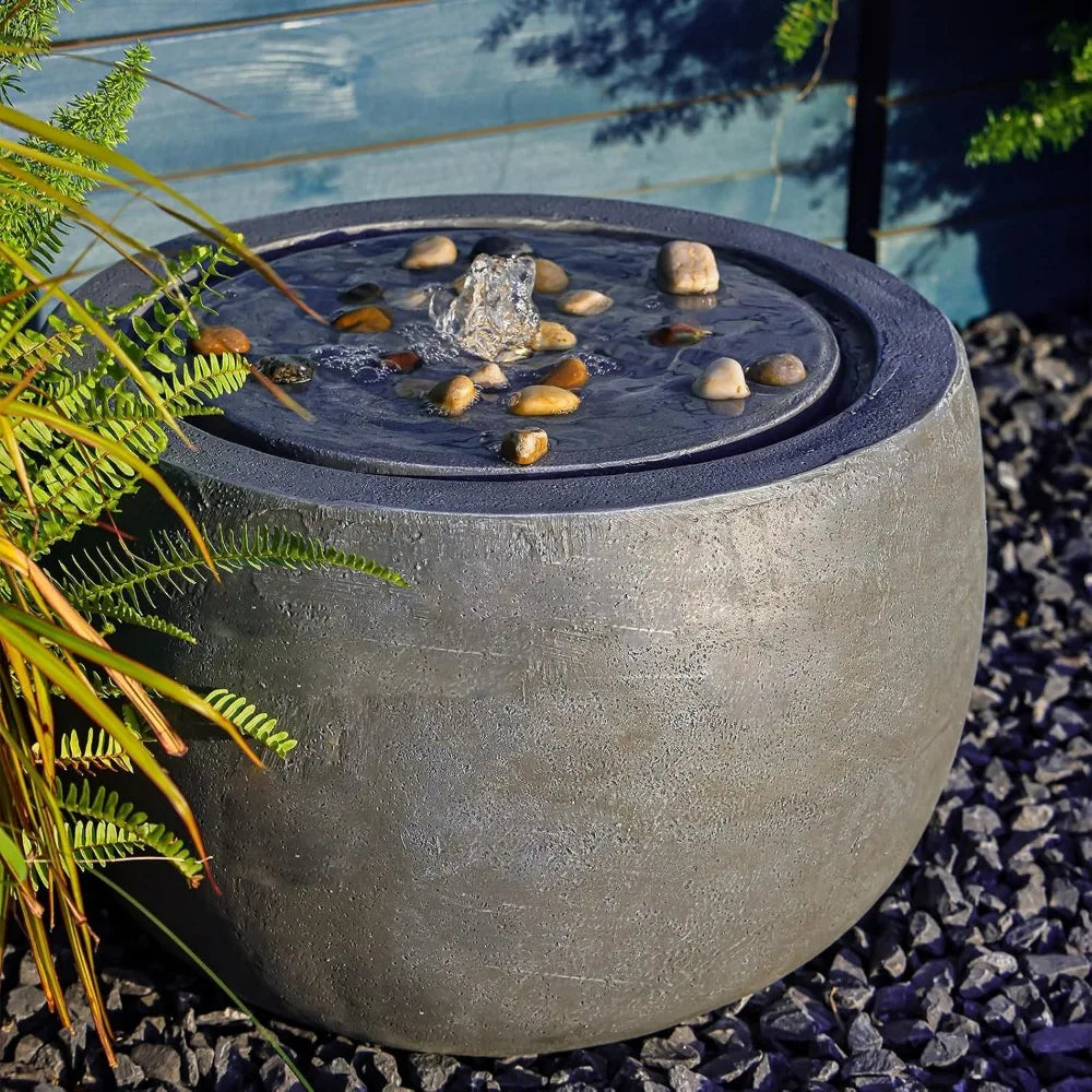 Garden Water Fountain Outdoor Water Feature Indoor with Lights & Pump and Pebbles,Round Flow Fountains Concrete Effect for Patio
