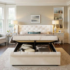 Double bed, 140x190 cm, equipped with LED strip and USB port, with a hydraulic storage chest, velvet fabric