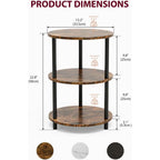 Small Round End Table - 3 Tier Design Accent Table, Narrow Side or Bedside Stand, Industrial Vintage Nightstand