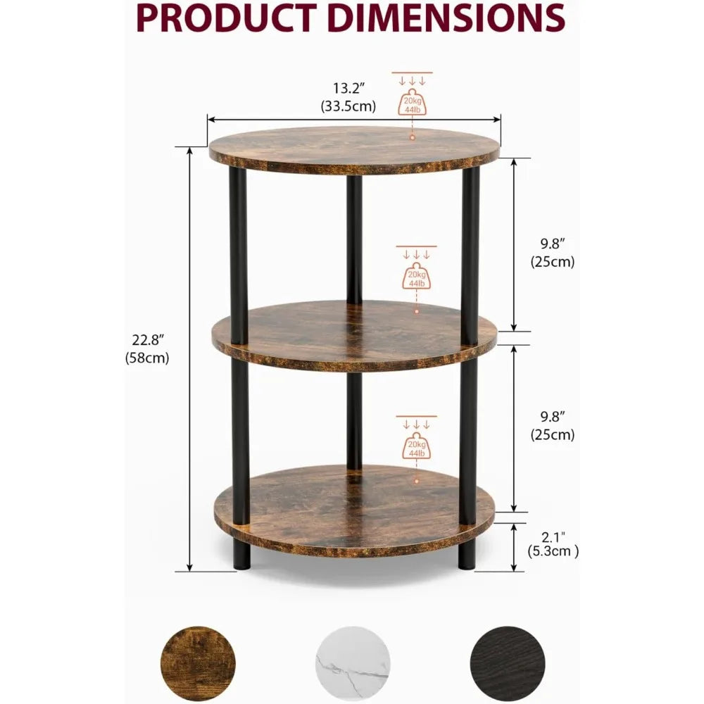 Small Round End Table - 3 Tier Design Accent Table, Narrow Side or Bedside Stand, Industrial Vintage Nightstand