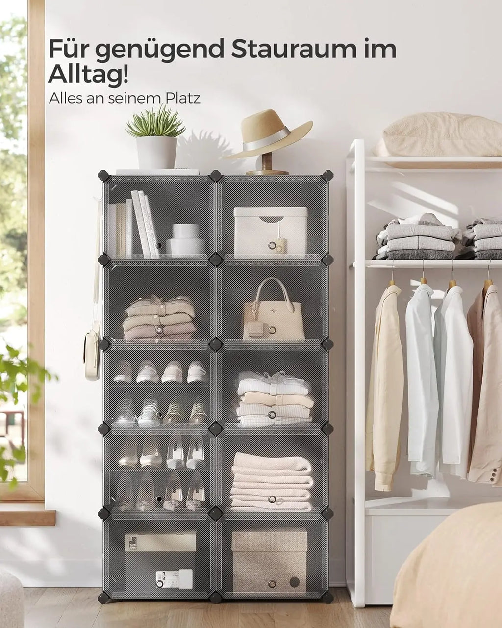 SONGMICS shoe rack with 10 compartments, shoe cabinet, 30x40x30 cm per compartment, narrow, with doors, steel frame, plastic