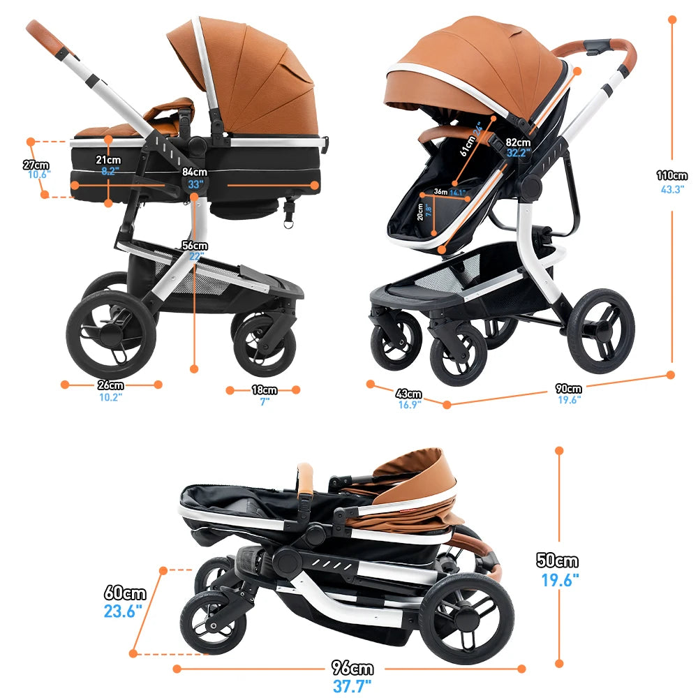 Standard Baby Stroller,Foldable Portable Pram, High Landscape Baby Carriage, Reversible Pushcar for Newborn Toddler