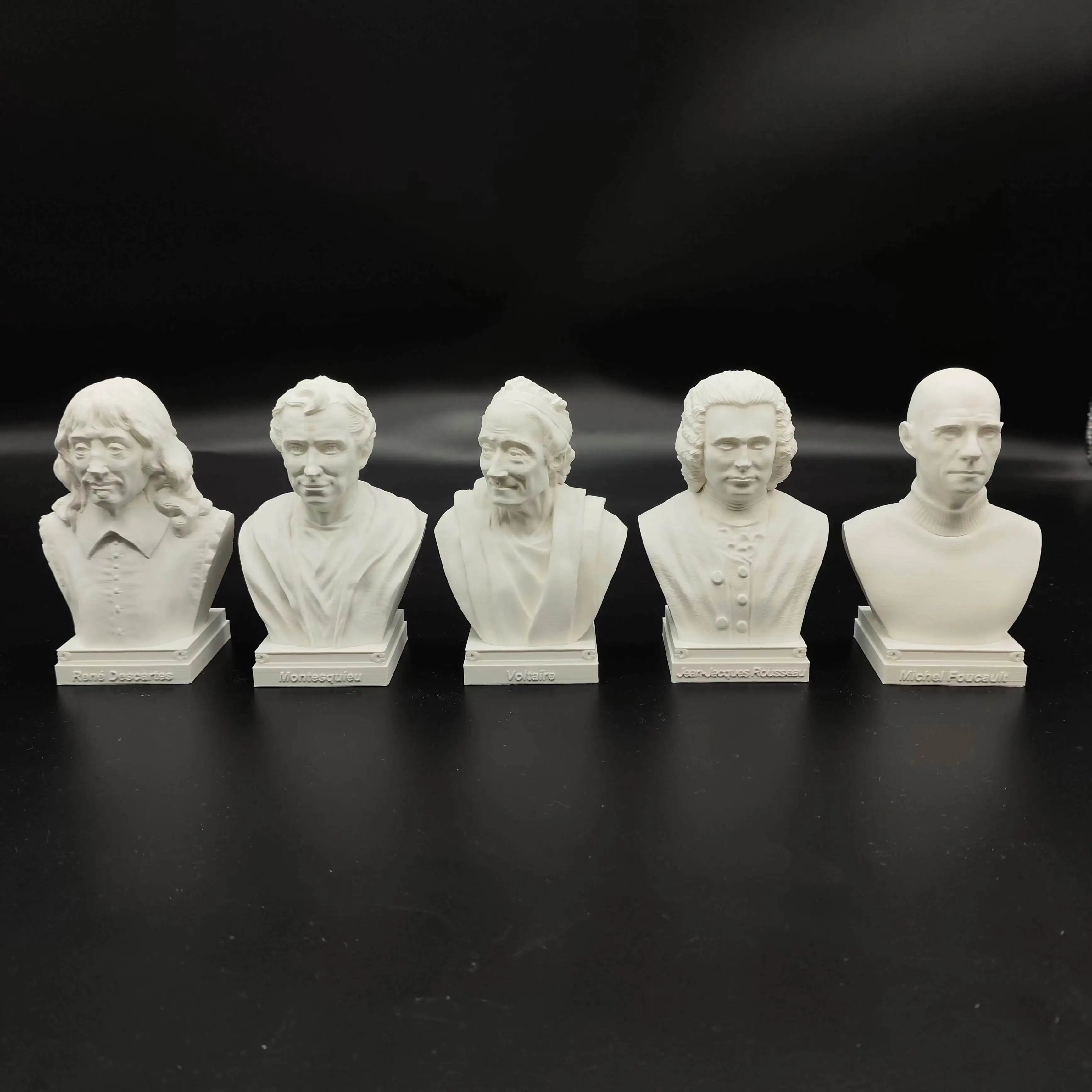French writer philosopher ornaments Descartes, Montesquieu, Foucault, Voltaire and Rousseau imitation plaster statues  souvenirs