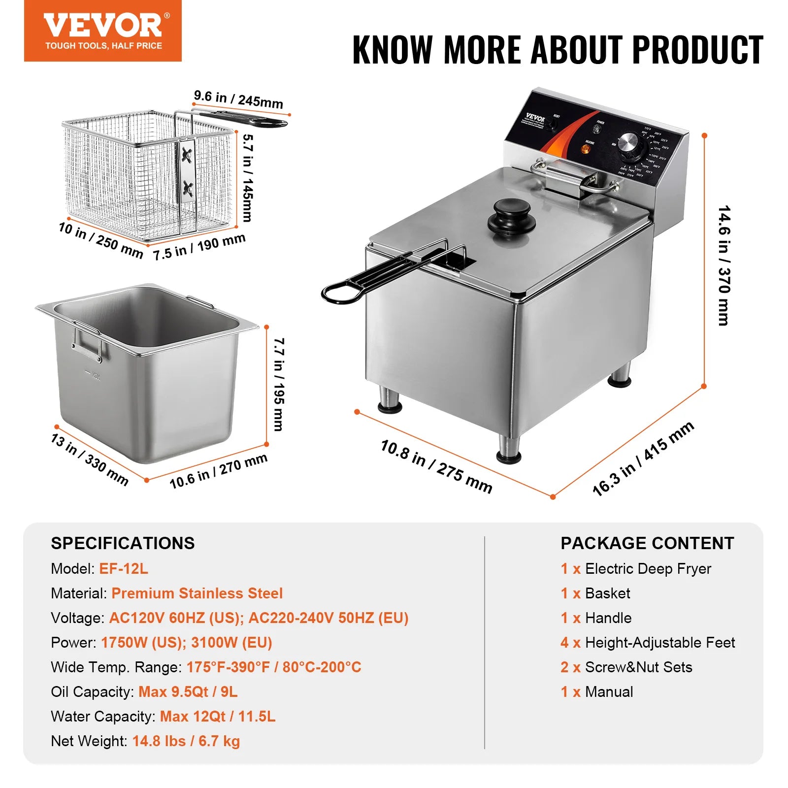 SucceBuy Commercial Deep Fryer Electric Countertop Fryer with Basket Stainless Steel Single Oil Fryer with Time & Temp Control