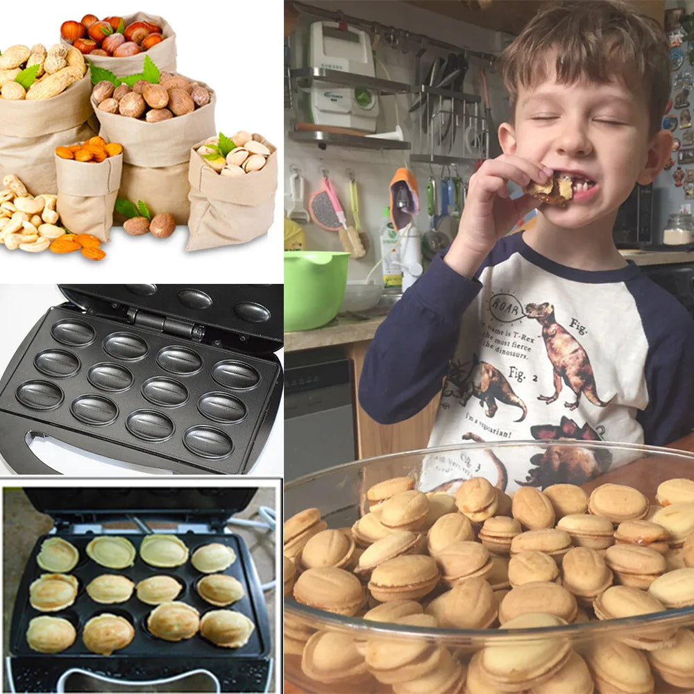 Walnut Cookie Maker 12 Holes Mold Automatic Nuts Maker Electric Walnut Cake Maker Non-stick Iron Toaster Baking Breakfast Pan