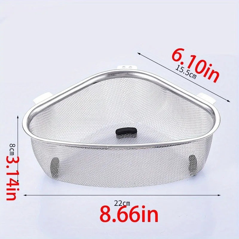Kitchen Sink Strainer Basket, Stainless Steel Triangular Sink Strainer Corner Sink Rack Collect Food Scraps Washing Basket