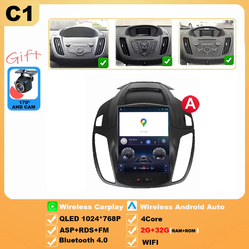 Wireless Android 15 Carplay For Ford Kuga 2 Escape 3 2012-2019 9.7 Inch Tesla Style Car Multimedia Player 5G Wifi Touch Display