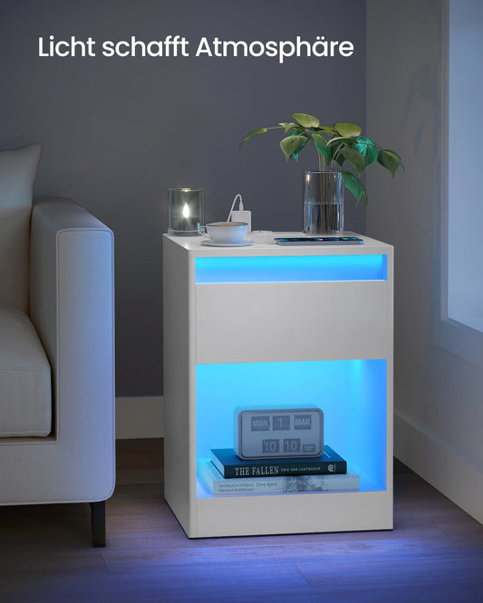 VASAGLE bedside table with adjustable LED lighting, side table table with sockets, drawer, 2 AC sockets, 2 USB ports