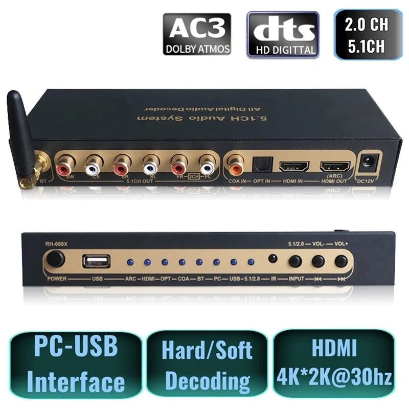 HD 5.1 Audio Converter Decoder DAC DTS AC3 FLAC PCUSB APE 4K*2K HDMI-compatible Extractor Converter Splitter Digital SPDIF ARC