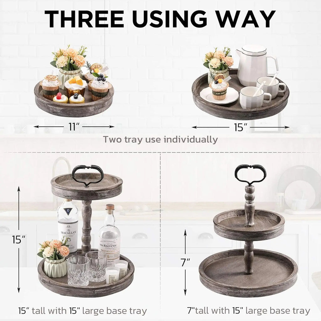 Two Tier Tray Distressed Wood 2 Tiered Serving Tray Farmhouse, Decorative Wooden Rustic Cake Stand For Kitchen Counter Table,