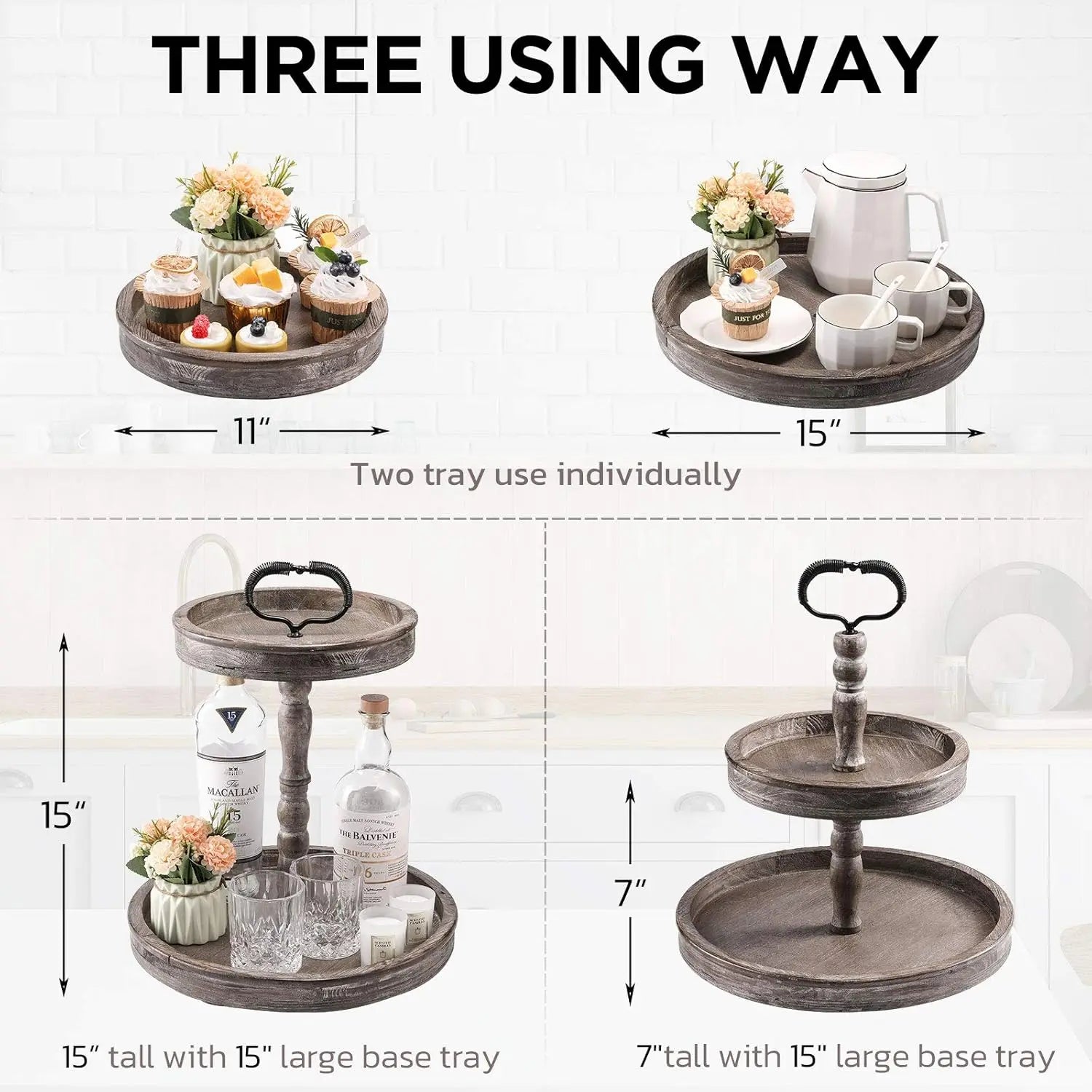 Two Tier Tray Distressed Wood 2 Tiered Serving Tray Farmhouse, Decorative Wooden Rustic Cake Stand For Kitchen Counter Table,