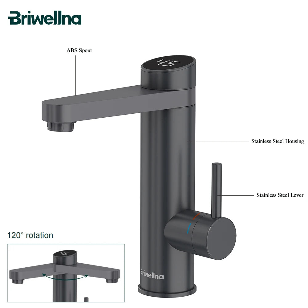 Briwellna Stainless Steel Electric Faucet With Digital Display 220V Instant Hot Water Tap Faucet 120° Swivel Spout Heating Tap