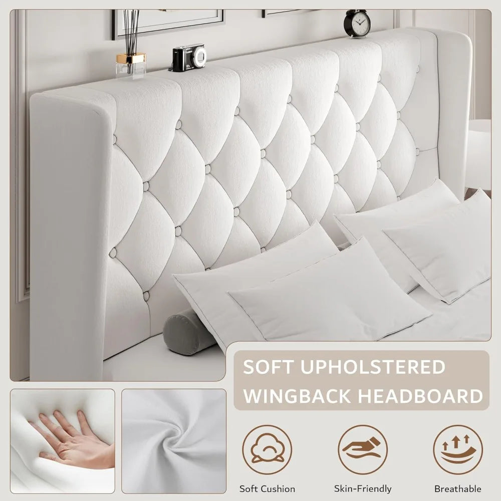 Velvet Platform Bed Frame with Button Tufted Headboard, Upholstered Bed Frame with Solid Wooden Slats, 8" Underbed Space
