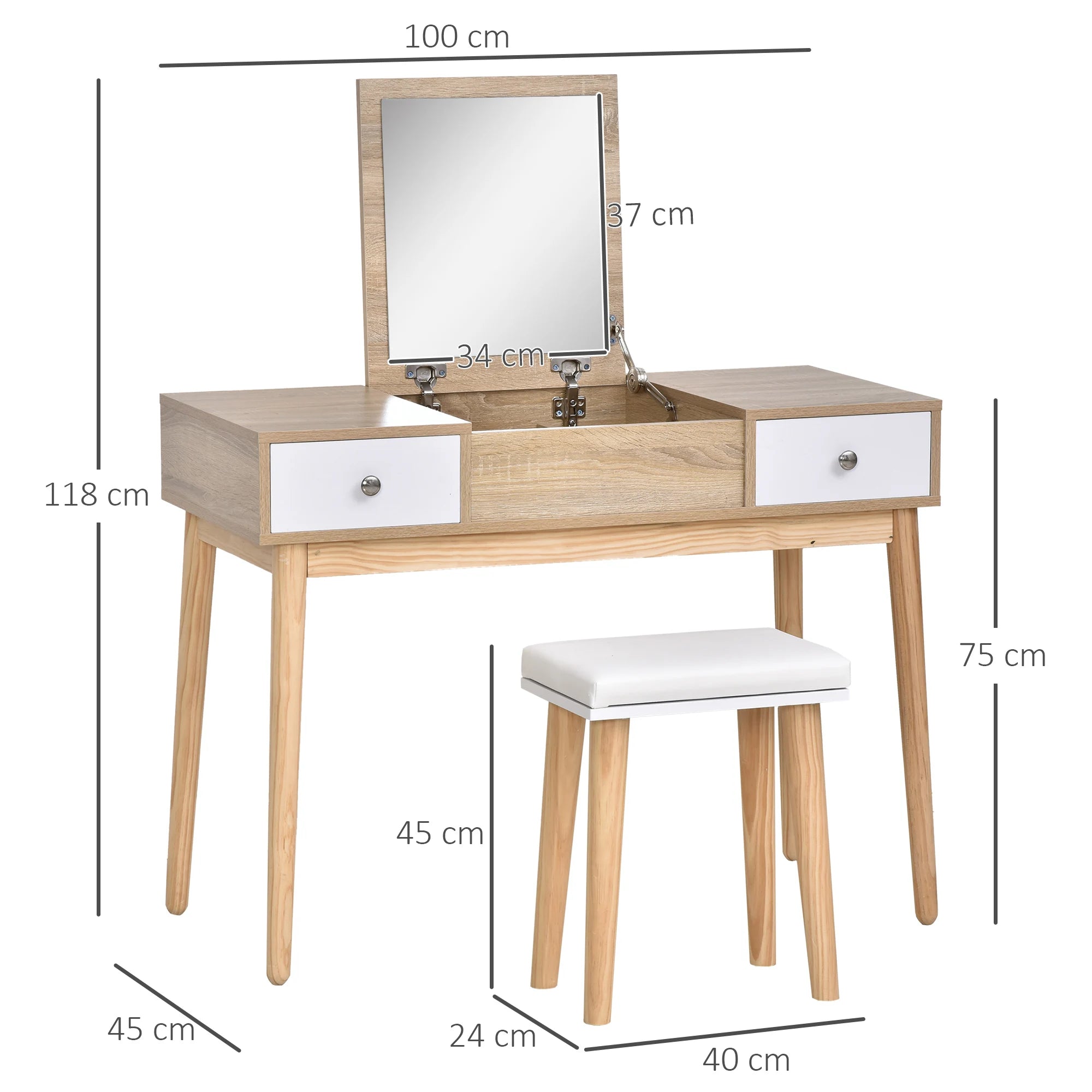 Homcom Dressing Table with Folding Mirror Drawers and Stool 100X45X118 Natural Color