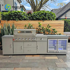 Customized Modern Stainless Steel Outdoor Kitchen Set with 7-Burner Gas Grill Side Burner and Fridge Cabinet for Backyard Patio