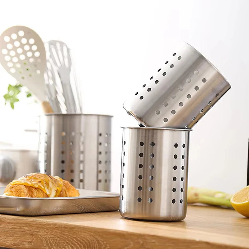 Stainless Steel Cutlery Holder Kitchen Storage Basket - Spoon Fork Chopsticks Organizer Container Drainer for Home Organization