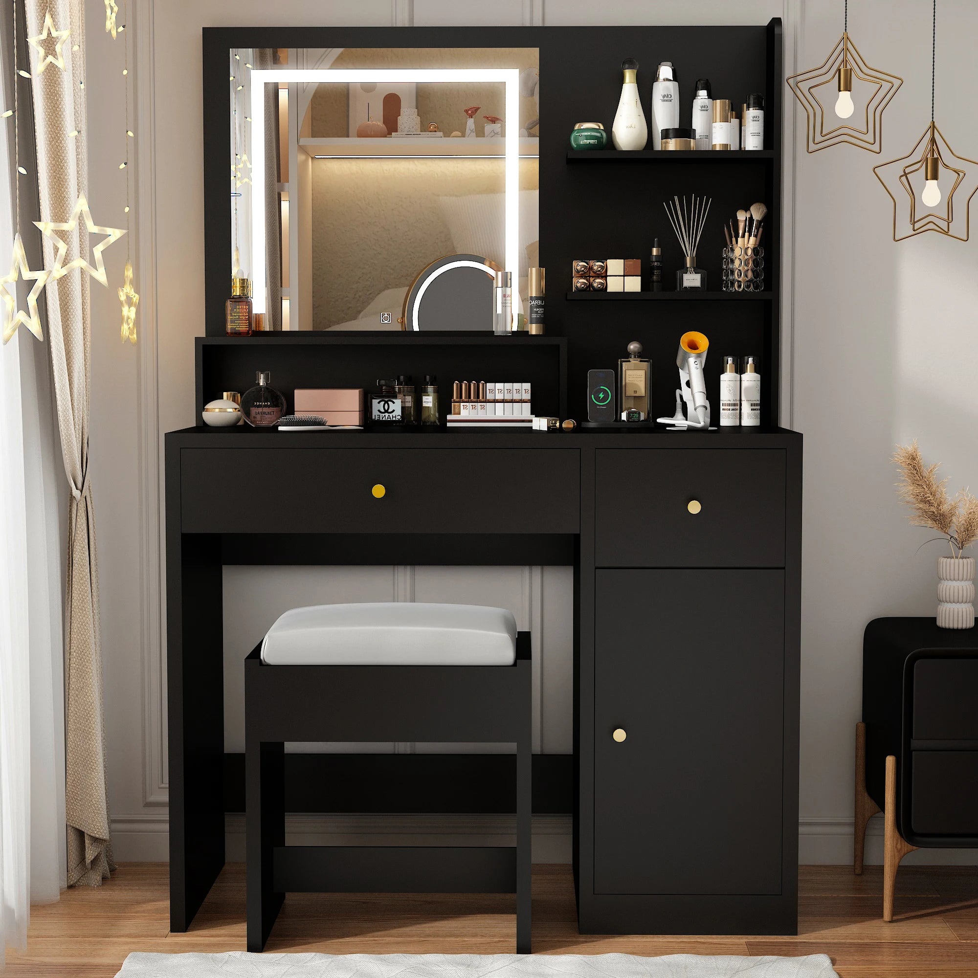 Vanity Desk with Mirror and Lights, LED Dressing Table with Vanity Chair Power Outlet, Lighted Makeup Vanity Desk with 2 Drawers