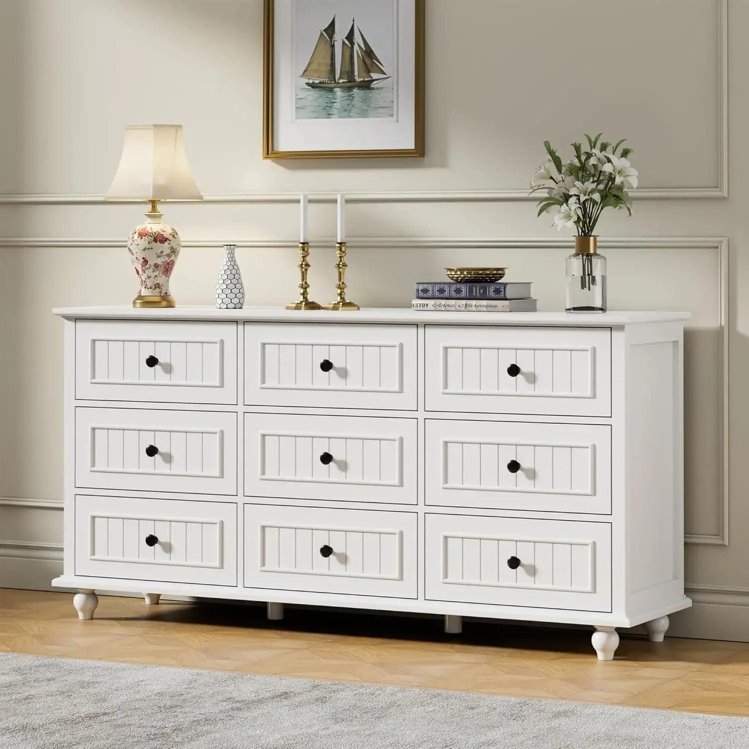 Scurrty White 9 Drawer Dresser, Antique Chest of Drawers,Large Cabinet with Storage, Big Dresser for Clothes in Bedroom