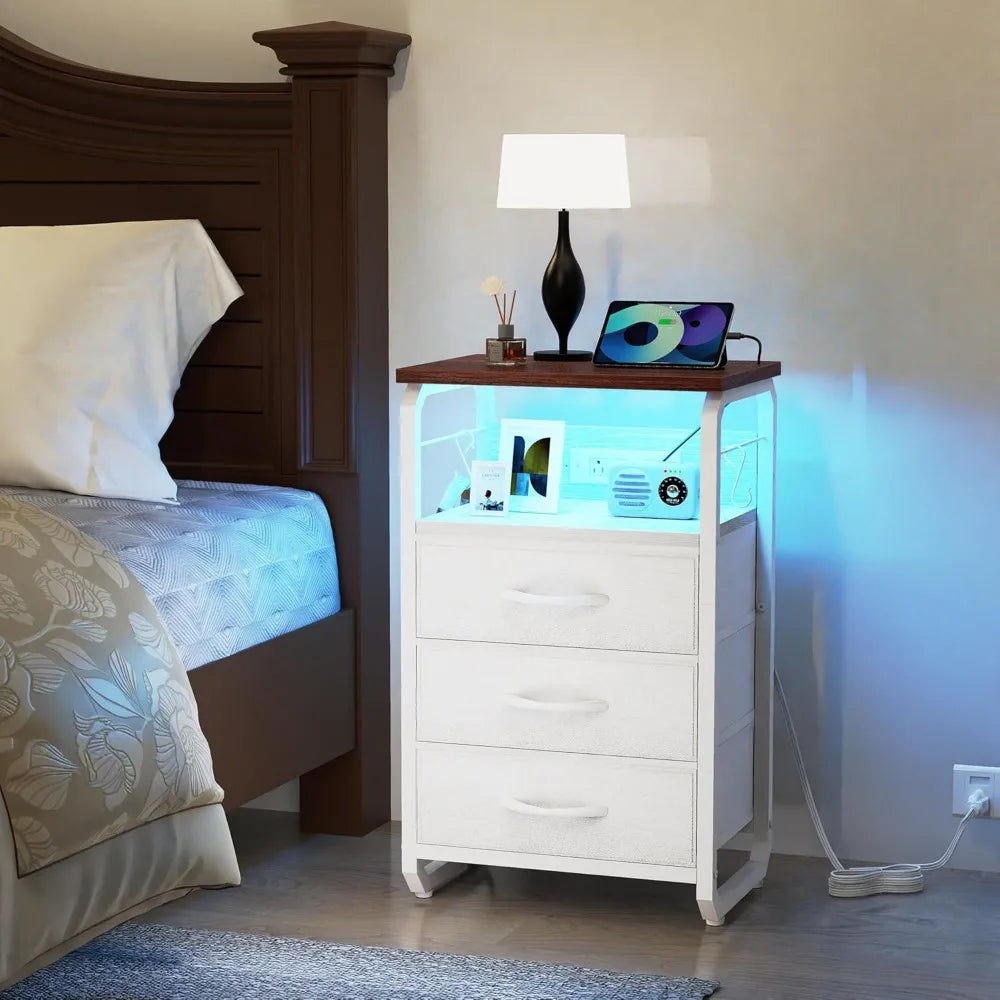 Bed Side Table with 3 Fabric Drawers,  LED Nightstand with Hooks, Bedside Table with Charging Station, End Table with Storage