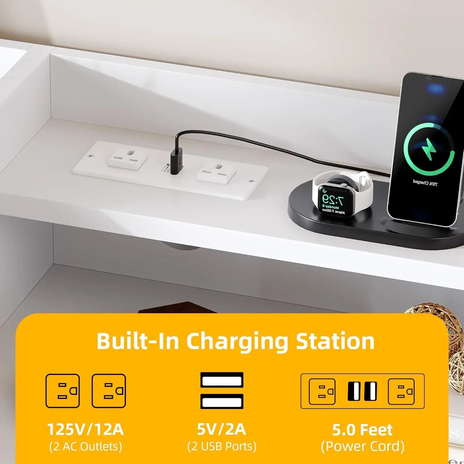 6 Drawer Dresser with LED Light and Charging Station, Modern Chest of Drawers, Wide Drawer Organizer Cabinet for Living Room