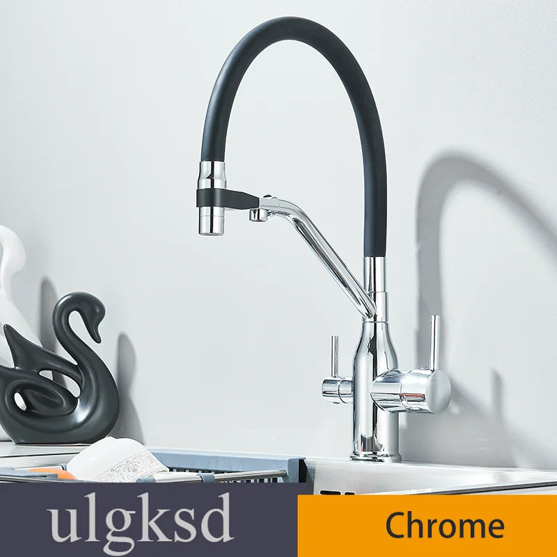 Kitchen Purified Water 2 Function Brass Cold and Hot Mix Faucet Black Flexible Water Pipe 360 Rotate Filtered Water Deck Install