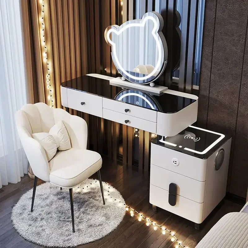 Modern Dressing Table with Smart Wireless Charging Luxury Bedroom Multifunctional Makeup Table with Chair Sound Cloud Led Mirror