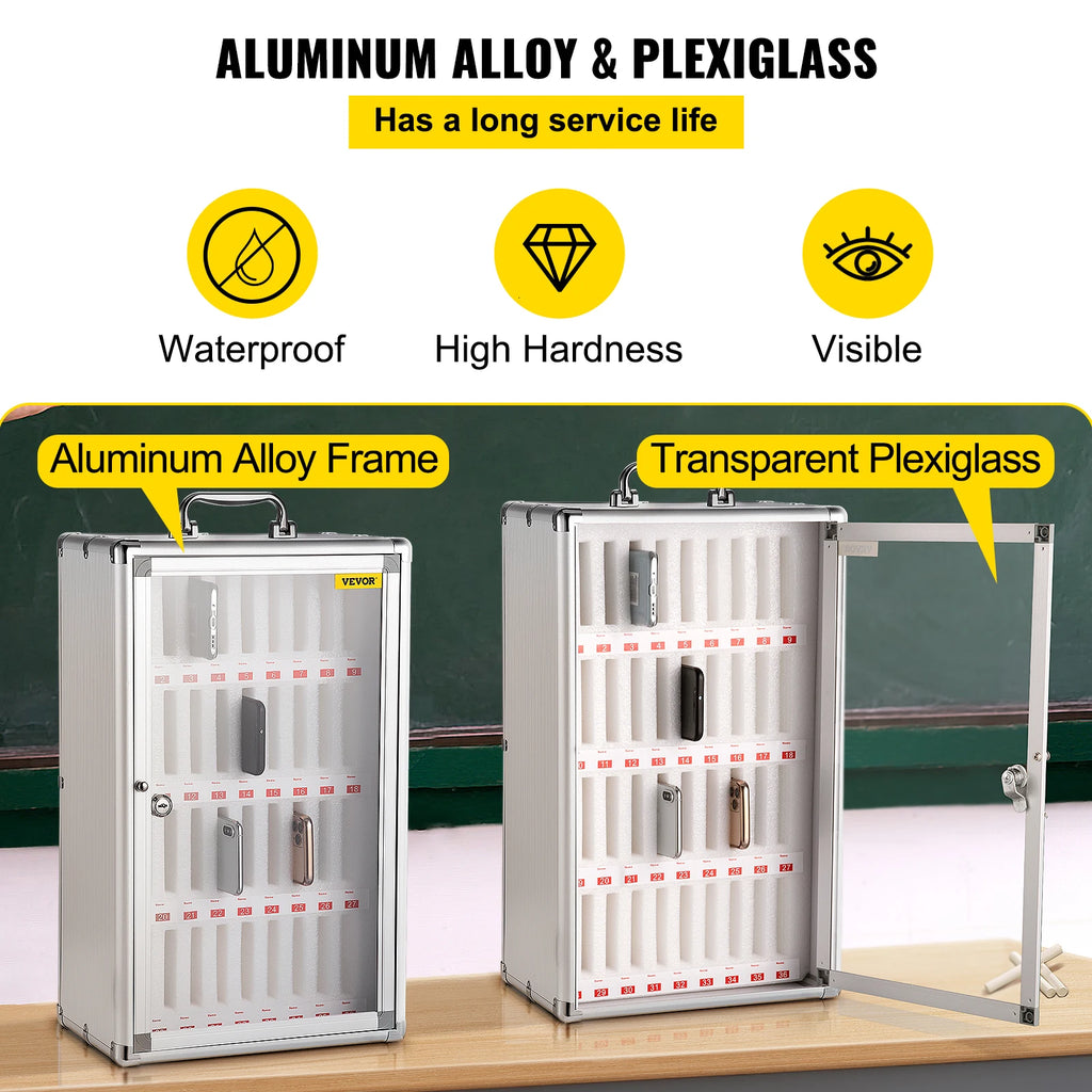 VEVOR 36 Slots Cell Phone Cabinet Silver Aluminum Alloy Pocket Chart Wall Mounted Storage Locker Box for Classroom Office Gym