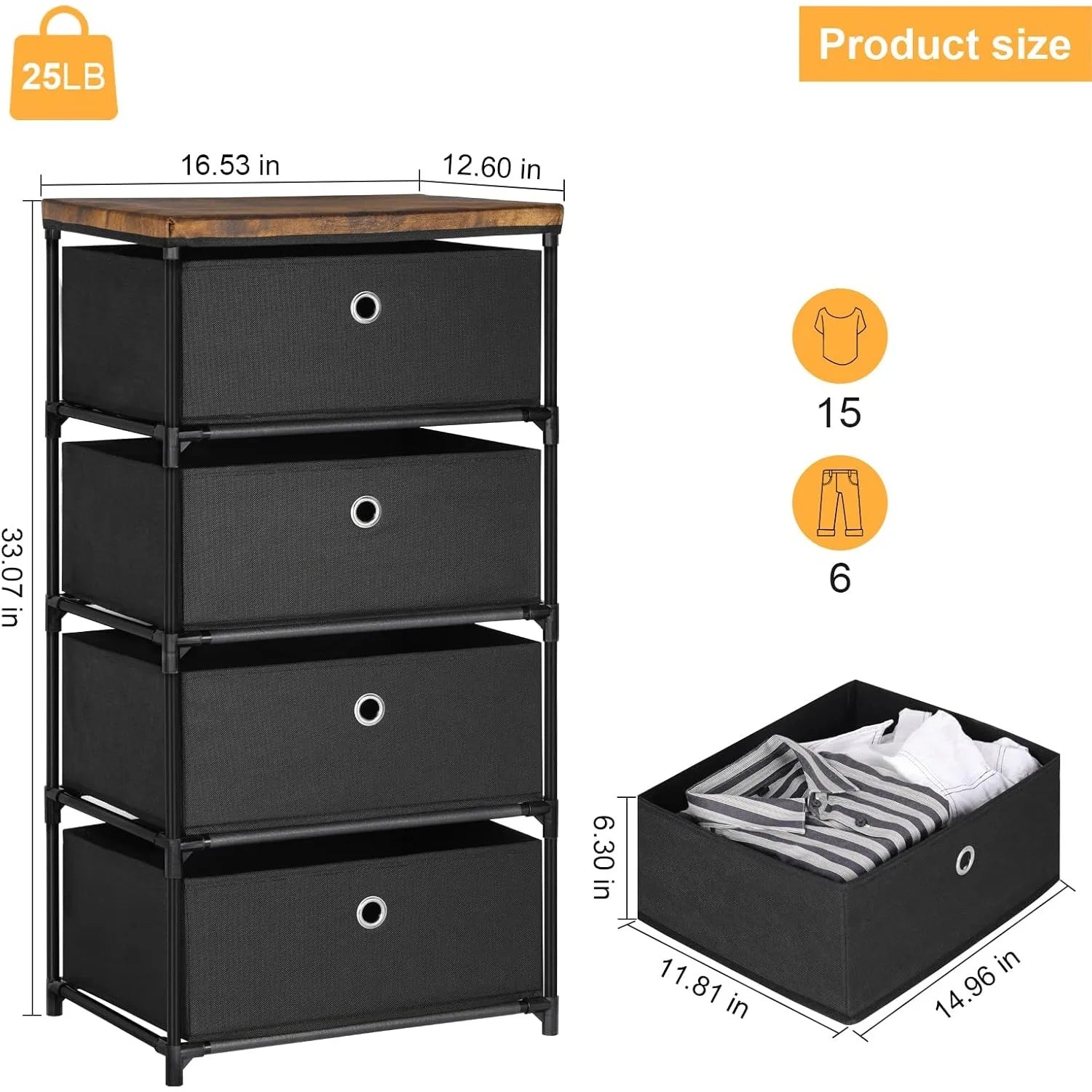 4-Drawer Fabric Closet Organizer | Foldable Clothes Storage Dresser for Bedroom/Dorm/Hallway | Easy Assembly Storage Bins, Black