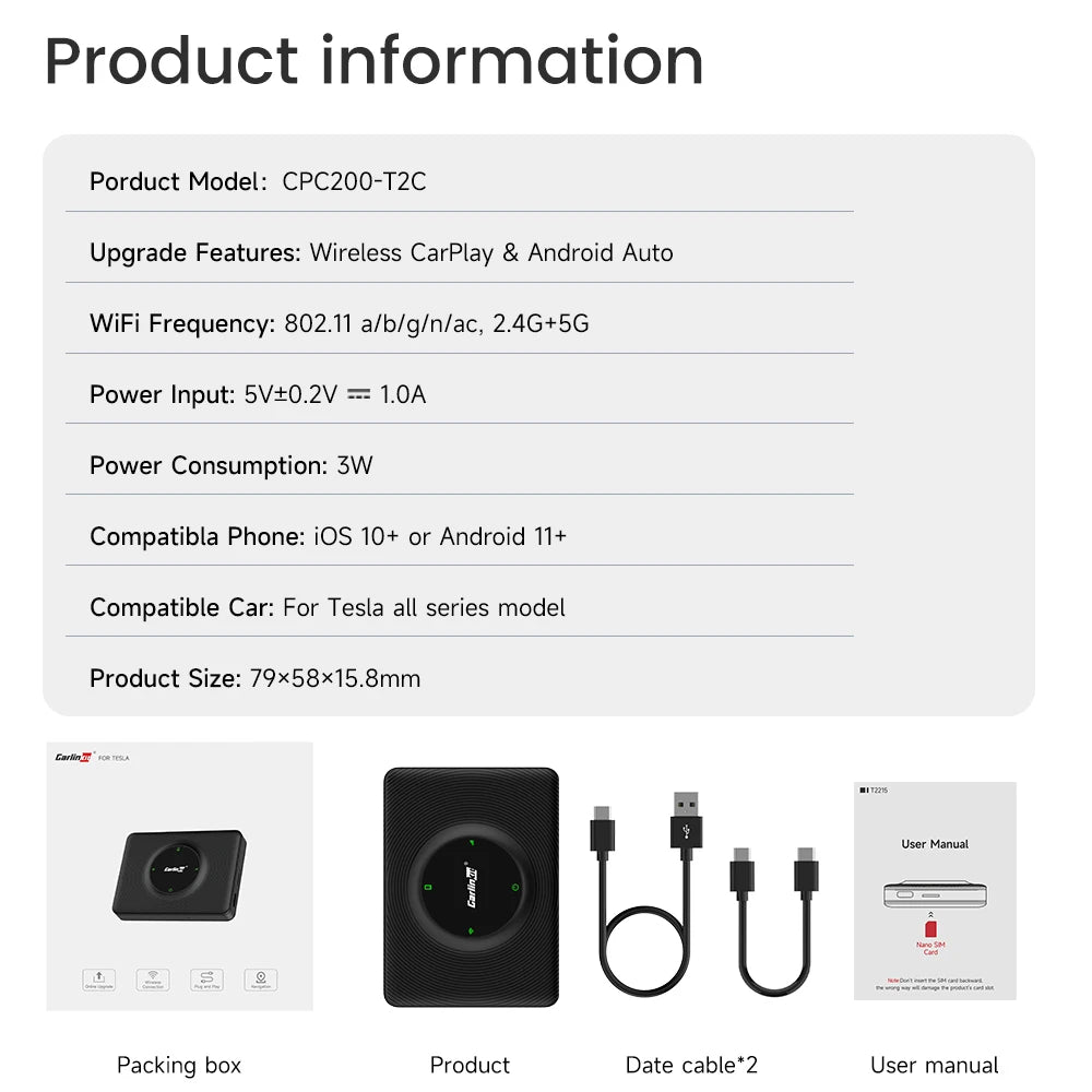 Carlinkit Wireless CarPlay Dongle Wireless Android Auto Car Play Adapter For Tesla Model 3 Y Bluetooth Wifi Connect Spotify Waze