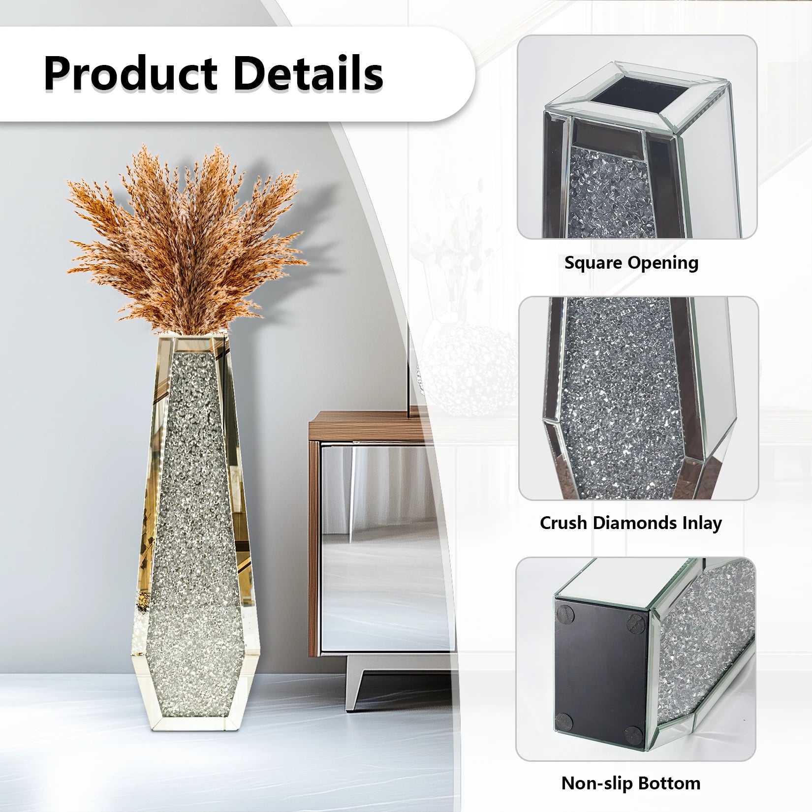 2 Shapes 68CM Crushed Diamond Decorative Mirrored Floor Vase Crystal Silver Glass Flower Vase for Pampas Grass Artificial Flower