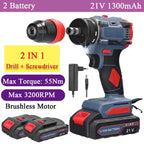 21V 2in1 Lithium Drill Electric Screwdriver Power Tool 55Nm Torque Brushless Motor Practical Screw Driver for Home Appliances