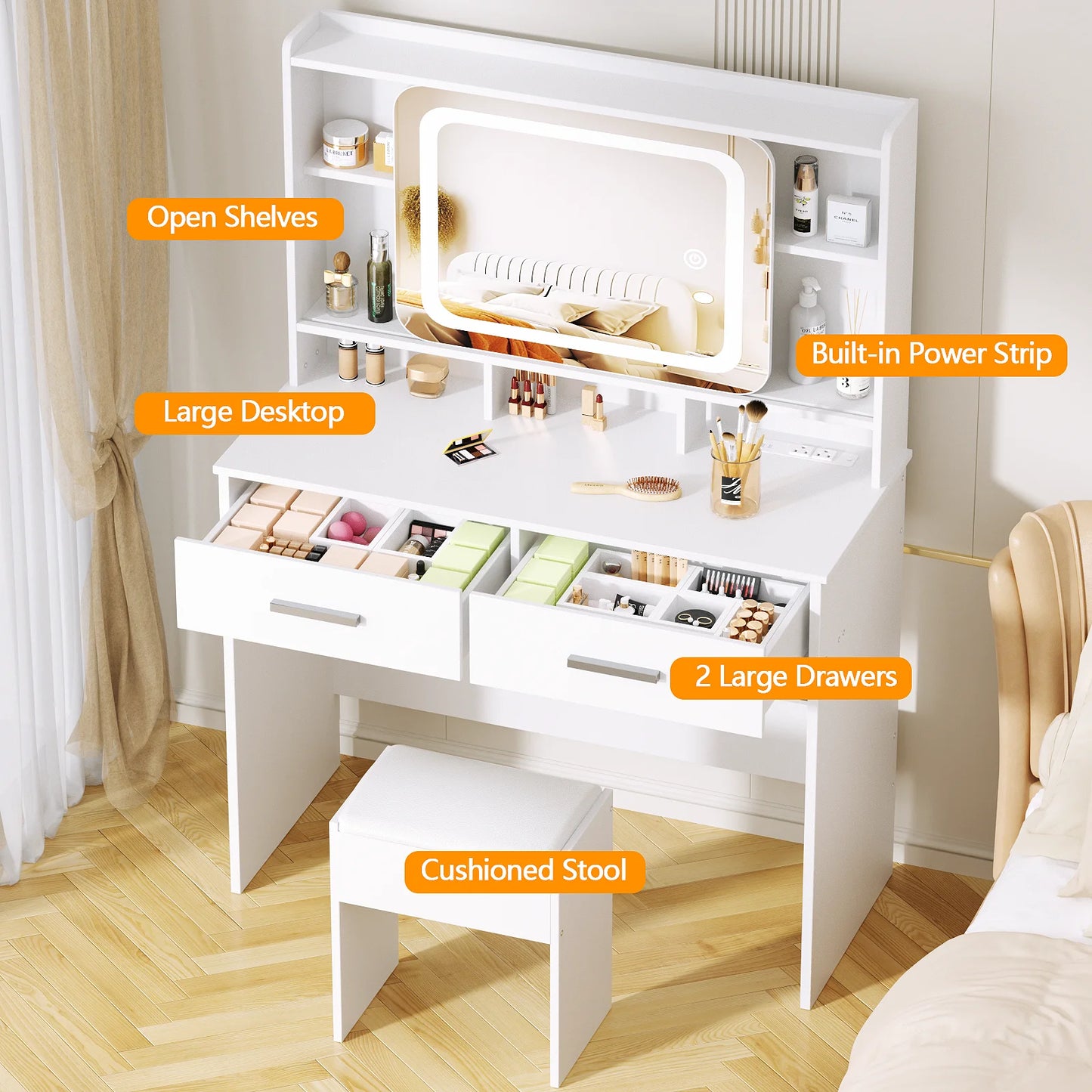 TAYAO White Vanity Desk with LED Lights Mirror Power Outlet and Chair 3 Lighting Modes 2 Drawers, 2 Shelves and Cushioned Stool