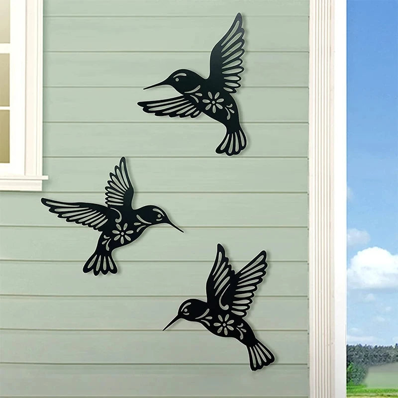 DDPNKL 3Pcs/Set Black Metal Hummingbird Wall Decor Hollow Out Iron Art Bird Sculpture Ornament Waterproof Hanging Figurines