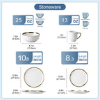 LOVECASA 16/32 Piece White Handmade Dinnerware Set with Gold Trim Stonewre Set Dinner Plate/Dessert Plate/Cup/Bowl Tableware Set