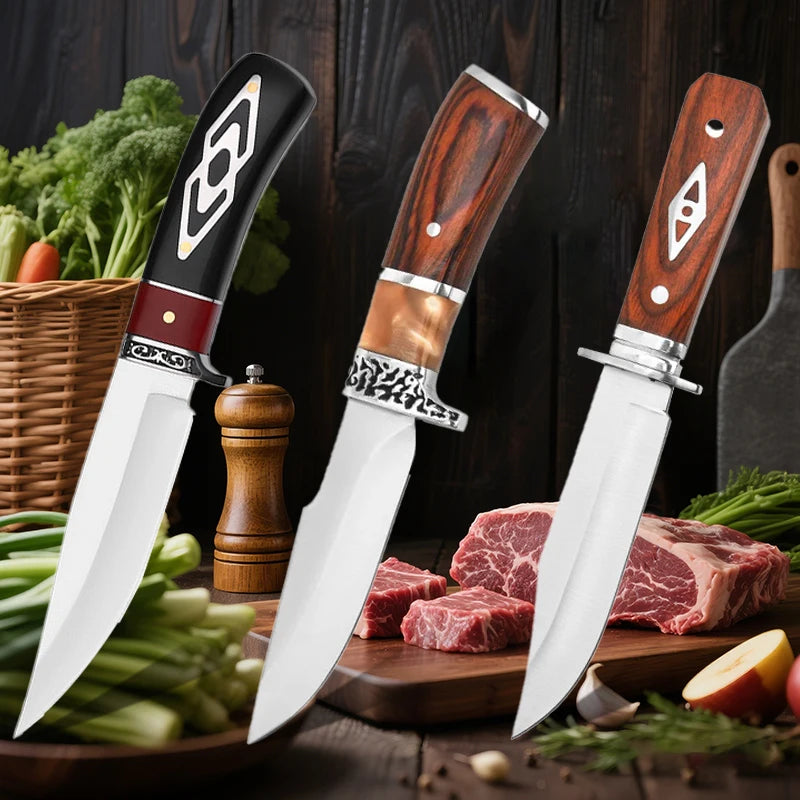 Kitchen straight knife, stainless steel fruit knife with knife sleeve, chef's professional barbecue handle, meat small knife