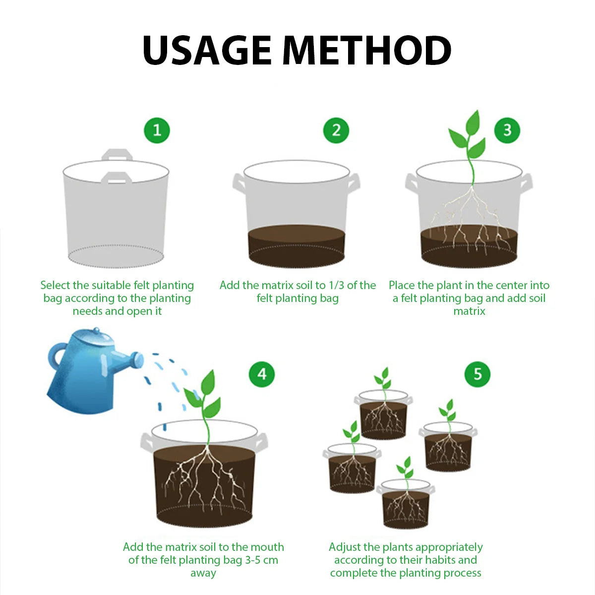 5PCS Felt Grow Bags 5-15 Gallon Potato Fabric Planting Bags Vegetable Strawberry Seedling Bags Breathable Flower Planting Bags