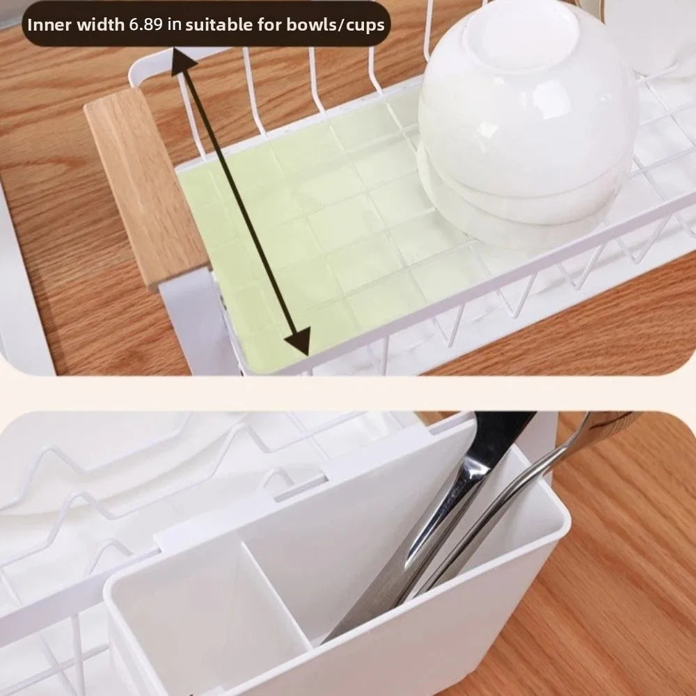 Detachable Kitchen Dish Rack Large Capacity Wooden Handle Kitchen Organizer Metal Frame Dish Drainer Dish Drying Drain Rack