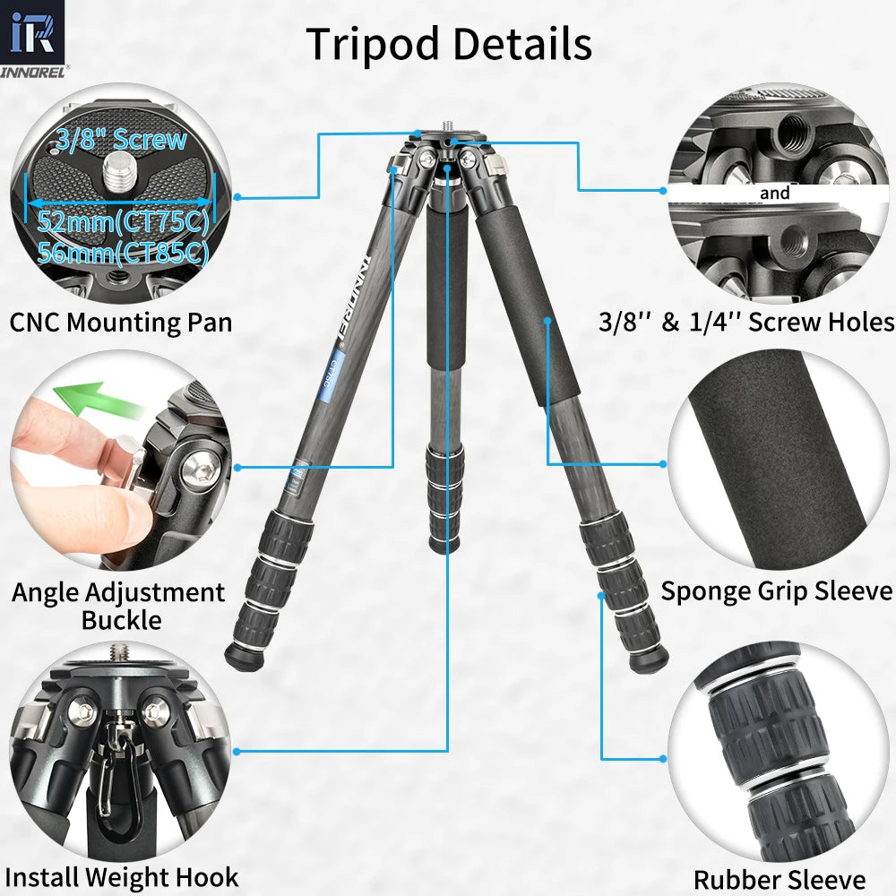 INNOREL CT75C/85C Carbon Fiber Tripod for DSLR Camera Heavy Duty Stand Low Gravity Center Ballhead with Adjustable Center Column