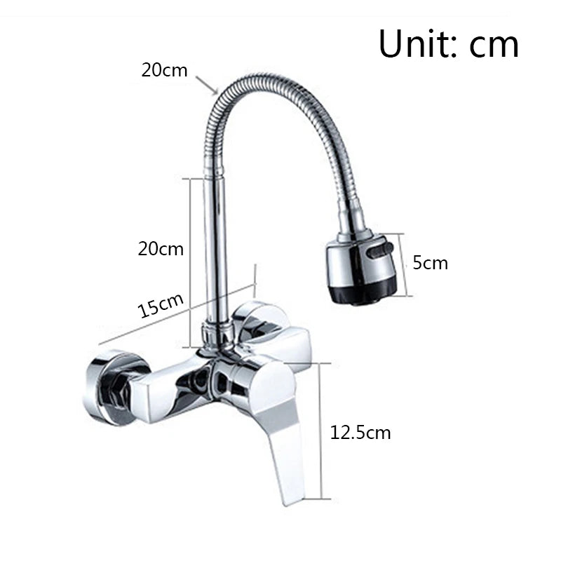 Wall Mounted Double Hole Kitchen Lead Free Hot and Cold Water Mixing Faucet Water Flow Spray Aerator 360 Degree Rotating Hose