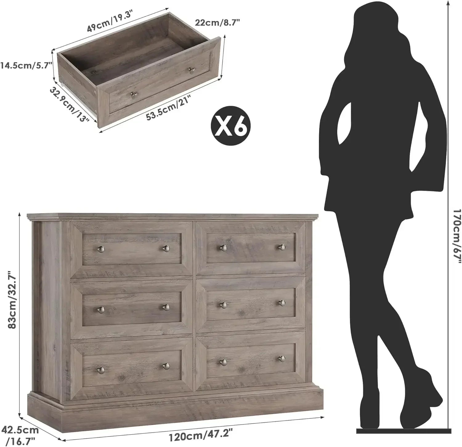 Modern 6 Drawer Double Dresser with Deep Drawers & Mental Double Handles, Wood Dresser Chest, Wide Chest of Drawers, Wash Gray